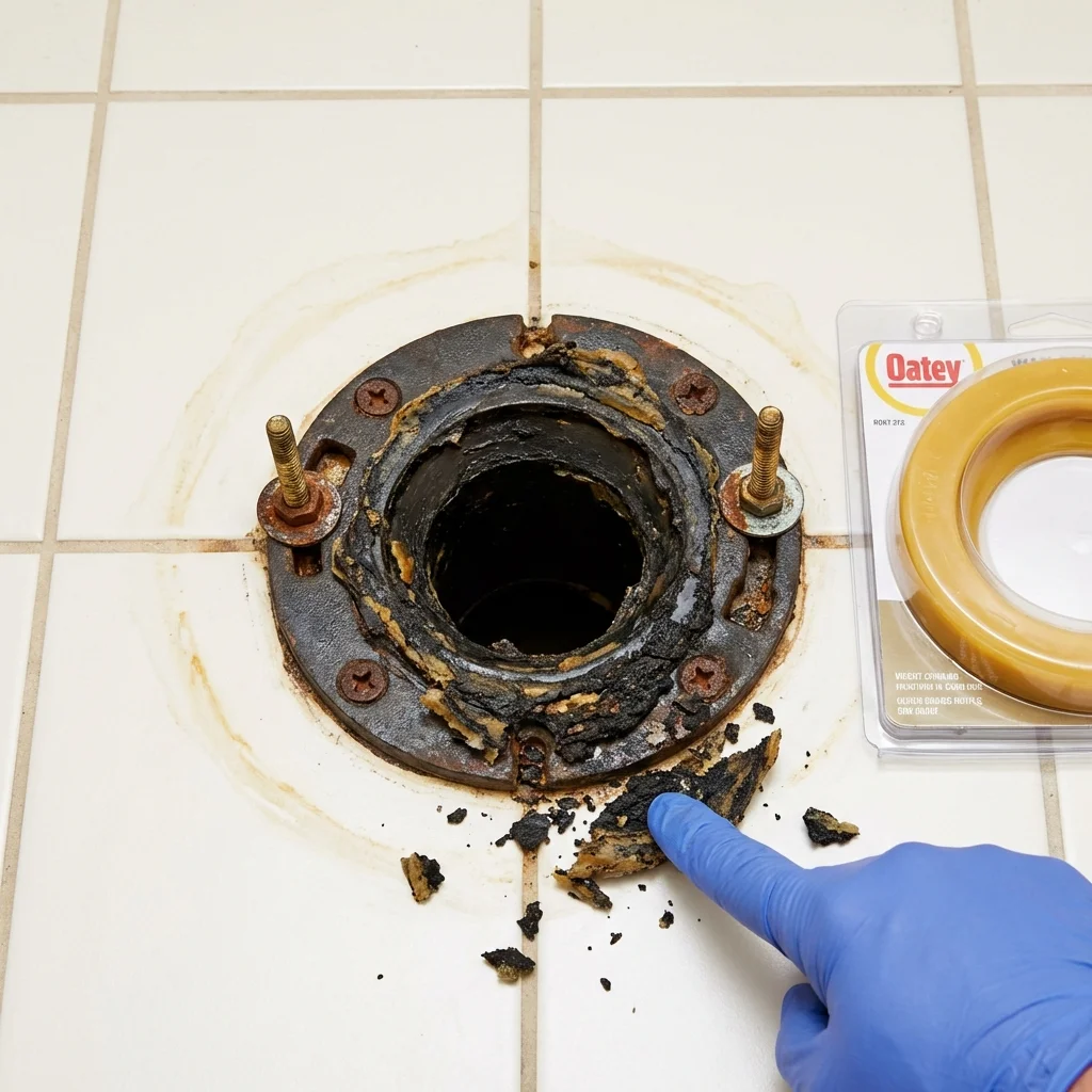 Failed wax ring showing water seepage at the base of a toilet in a Arlington, GA home