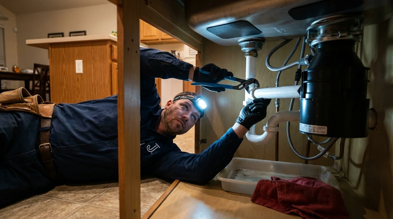 P-trap and supply line connections under a kitchen sink showing a common leak point in Arlington, GA